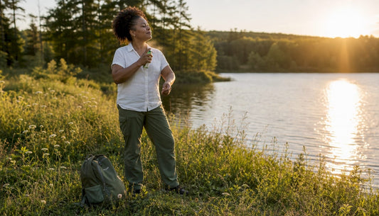 Woman applying insect repellent outdoors