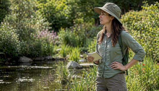 Naturalist observing dragonfly hunting mosquitoes near pond