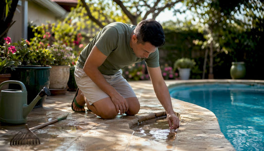 Homeowner checking standing water near pool
