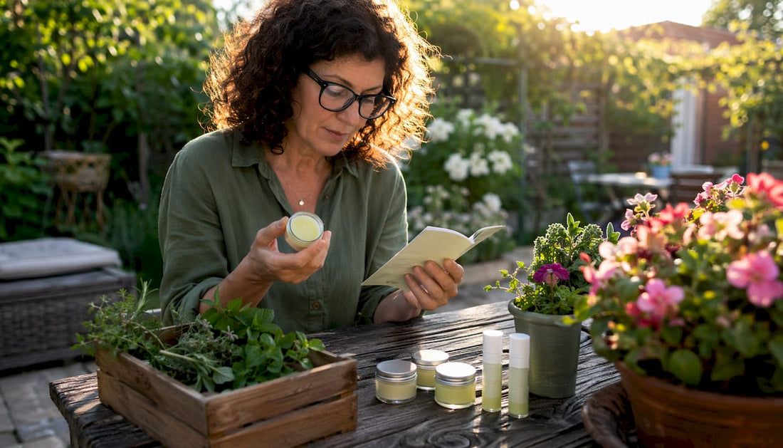 Woman examining natural relief products outdoors