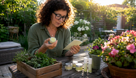 Woman examining natural relief products outdoors