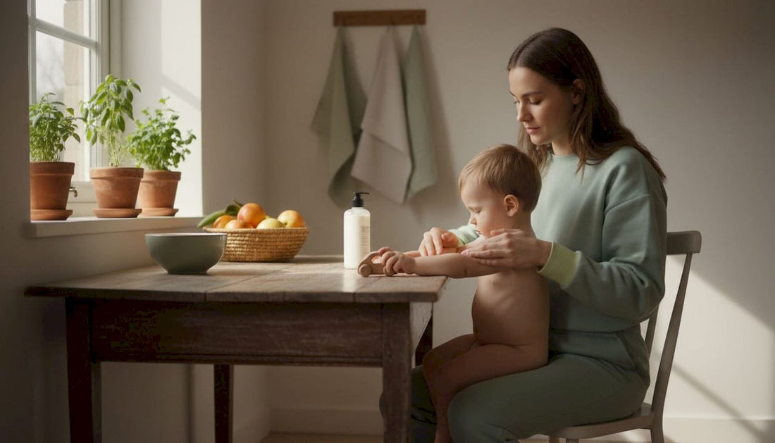 Mother applying natural repellent on child's arm