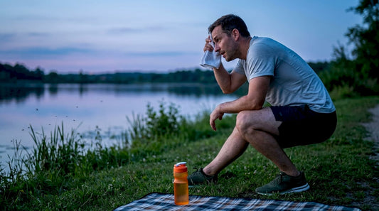 Jogger pausing outdoors at dusk with mosquitoes