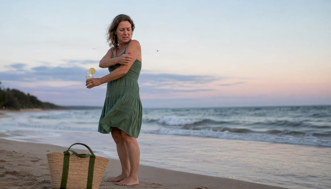 Mosquito approaching woman outdoors at dusk