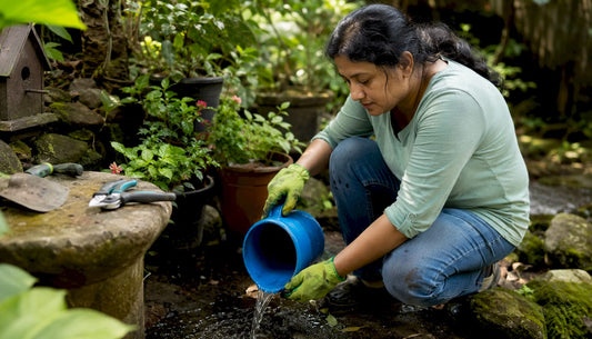 Woman draining standing water in yard