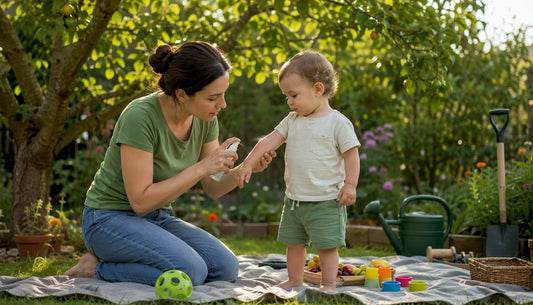 Mother applying safe mosquito repellent to toddler