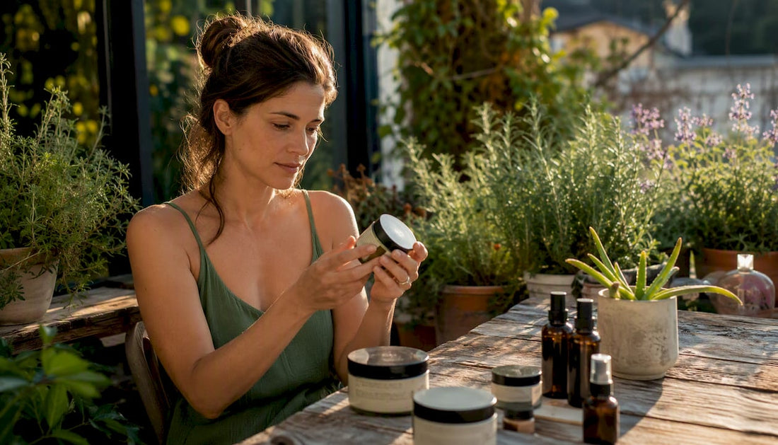 Woman reading natural body care label in kitchen