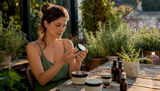 Woman reading natural body care label in kitchen