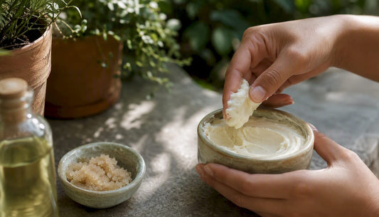 Scooping whipped body butter in minimalist skincare setting