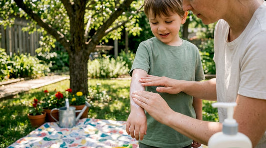 Parent applying natural mosquito repellent lotion on child's arm