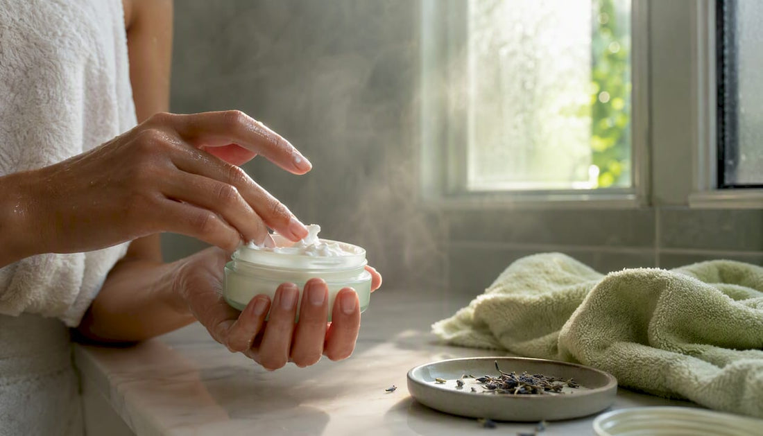Hands scooping whipped body butter cream