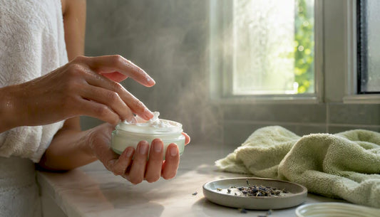 Hands scooping whipped body butter cream