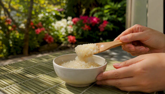 Hands scooping sugar scrub from jar