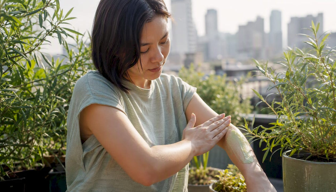 Applying herbal mosquito repellent lotion on arm outdoors