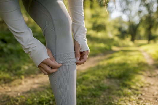 Close-up of outdoor leggings fabric stretched on leg
