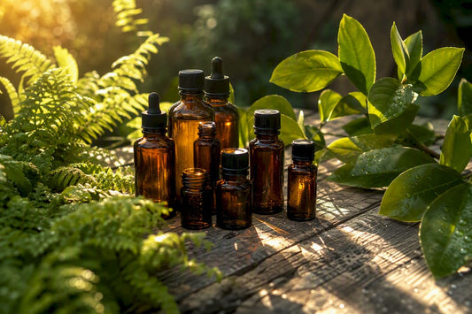 Essential oil bottles in sunlight with citrus leaves
