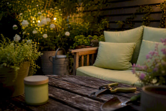 Backyard sunset with repellent jar and fan